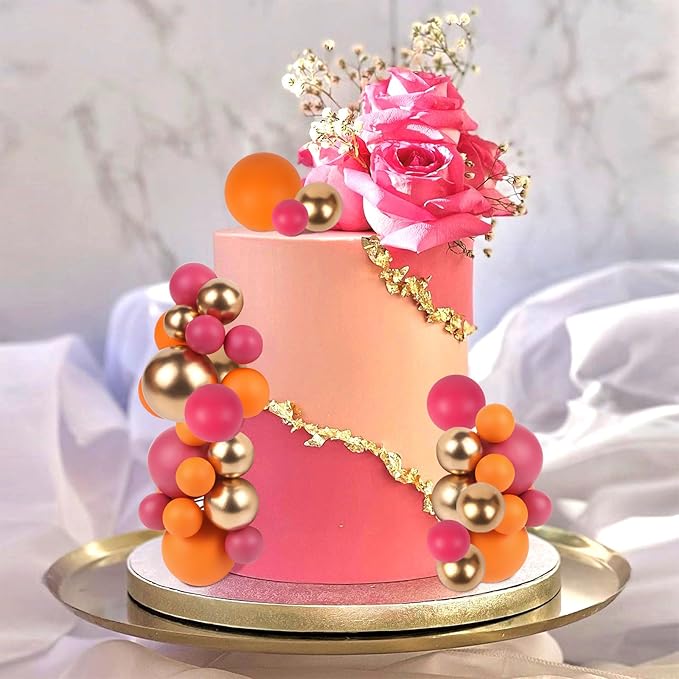 52 Pcs Ball Cake Decorations - Pink Gold Orange Ball Dessert Picks Cake Cupcake Toppers, Birthday Party Baby Shower Gender Reveal Cake Supplies