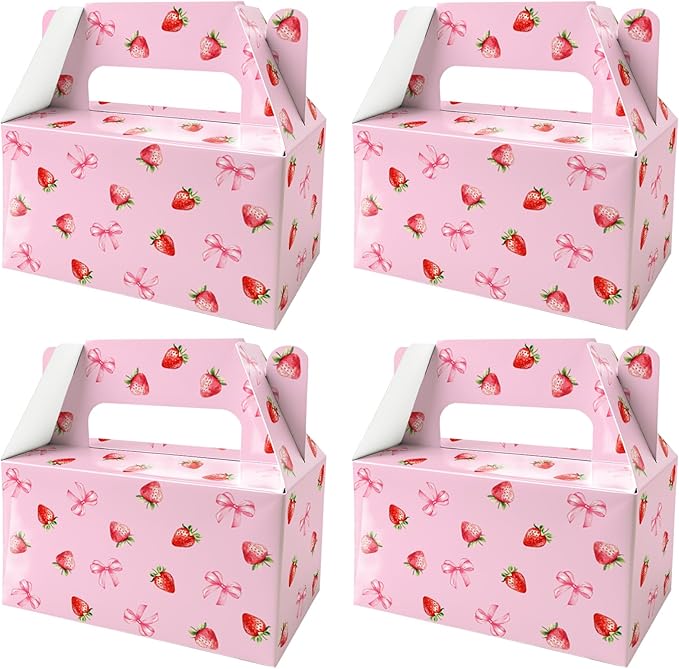 BGFMVS 12 Pack Candy Gift Boxes with Handles, Pink Strawberry Bow Party Favors for Birthdays & Parties, Suitable for Adults & Kids, Snack Holders for Cookies & Cupcakes, Pink Bow Decorations