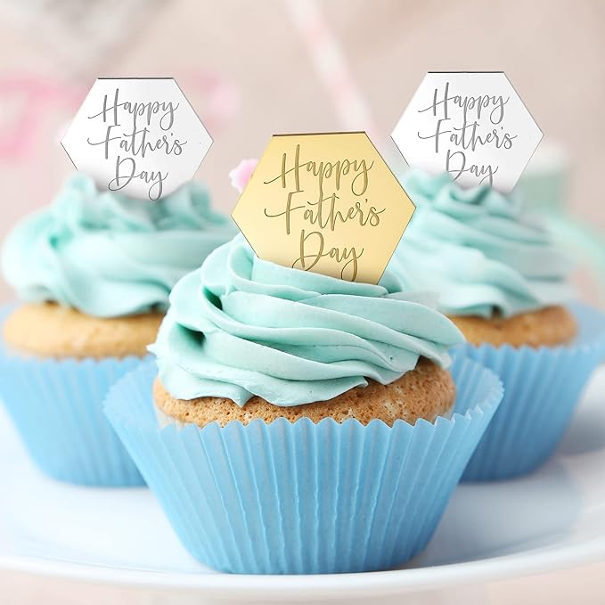 24 Pieces Happy Father's Day Cupcake Toppers Acrylic Cake Mirror Disc Cake Toppers Decorations Mini Glitter Engraved Discs for Birthday Party Dads Day Gifts(Hexagon)