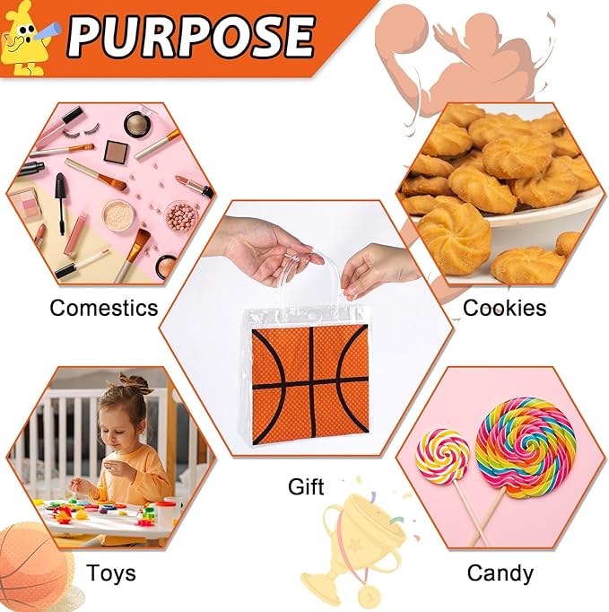 24Pcs Basketball Clear PVC Gift Bags with Handles Bulk 8 x 8 x 3In Sport Theme Goodie Treat Candy Bags Basketball Team Present Wrap Tote Bag for Boys Birthday Party Favor Baby Shower Decors Supplies