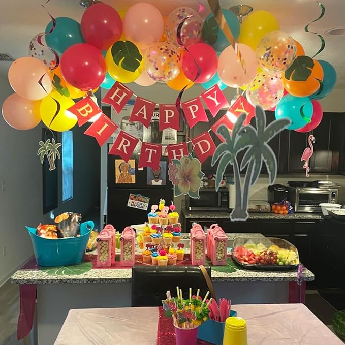 HILAVO Tropical Balloons Kit, 60 PCS 12Inch Hawaiian Balloons Hot Pink Orange Teal Green and Gold Colorful Balloon for Summer Birthday Baby Shower Tropical Aloha Luau Pool Party Decorations