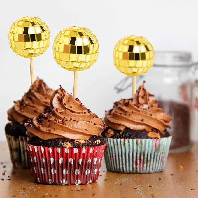 24 PCS Gold Disco Ball Cupcake Toppers, Disco Ball Cake Topper, Mini Disco Ball for 70s Disco Theme Party, 50th Birthday Party Golden Cake Decorations