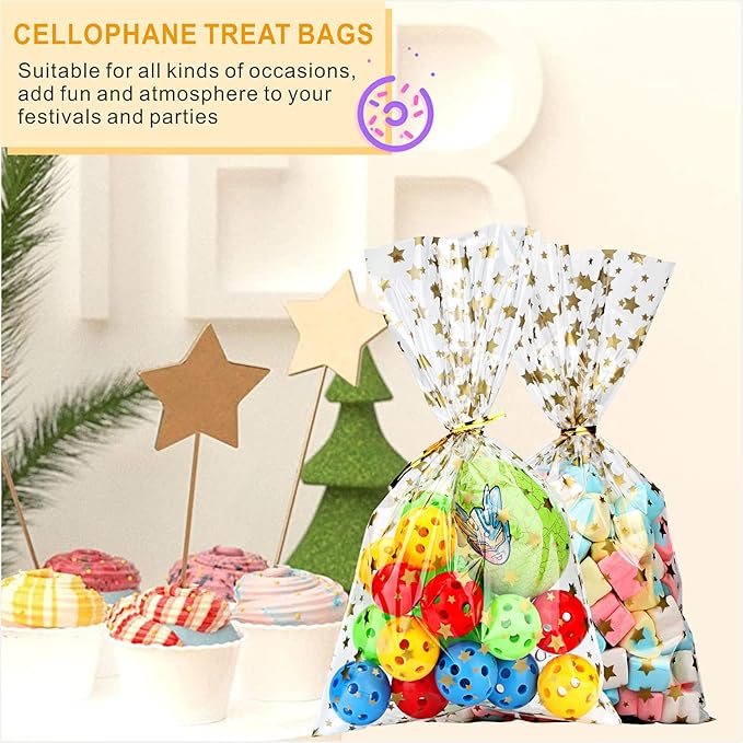 100Pcs Cellophane Treat Bags,4 X 9 Inches Gold Star Printed Clear Cellophane Bags,100 Twist Ties, for Cookies, Chocolate, Bakery, Party Favors, Gift Wrapping, Holiday & Classroom Gifts