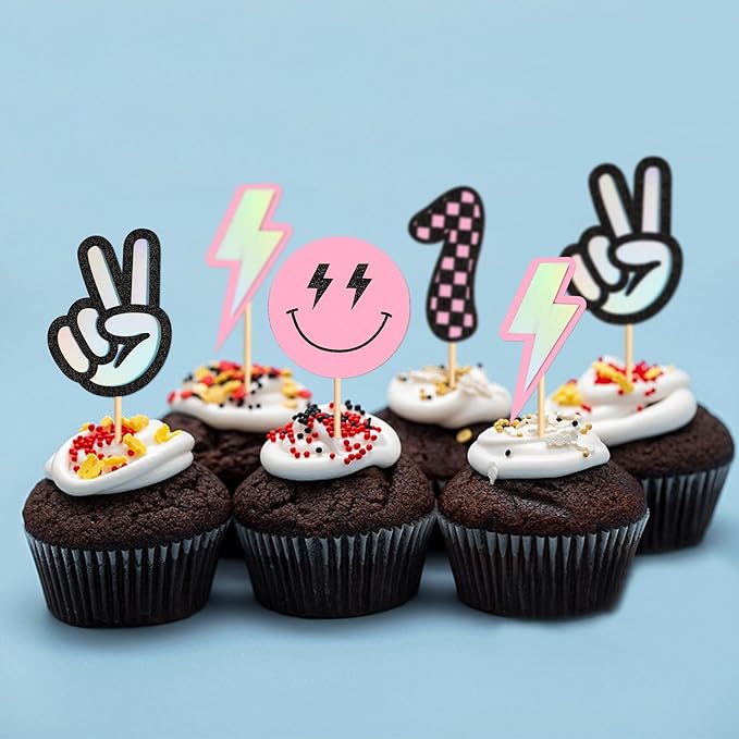 Ercadio 24 Pack Smile Cupcake Toppers Pink 1 Lightning Scissorhands Cupcake Picks Smiley Assorted Cake For Girls Baby Shower Birthday Party Cake Decoration Supplies