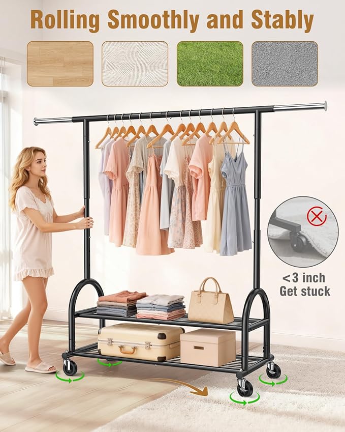 EAGMAK Heavy Duty Clothes Rack for Hanging Clothes Load 556 LBS, Height Adjustable Rolling Clothing Racks, Portable Metal Coat Rack Garment Wardrobe with Wheels and Shelves for Bedroom Laundry, Black
