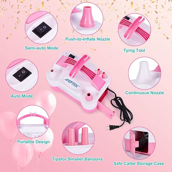 AGPtEK Electric Air Balloon Pump with Built-in Tying Tool, 110V 600W Pink and White Portable Dual Nozzle Inflator/Blower for Party Decoration with Tying Tool on Handle