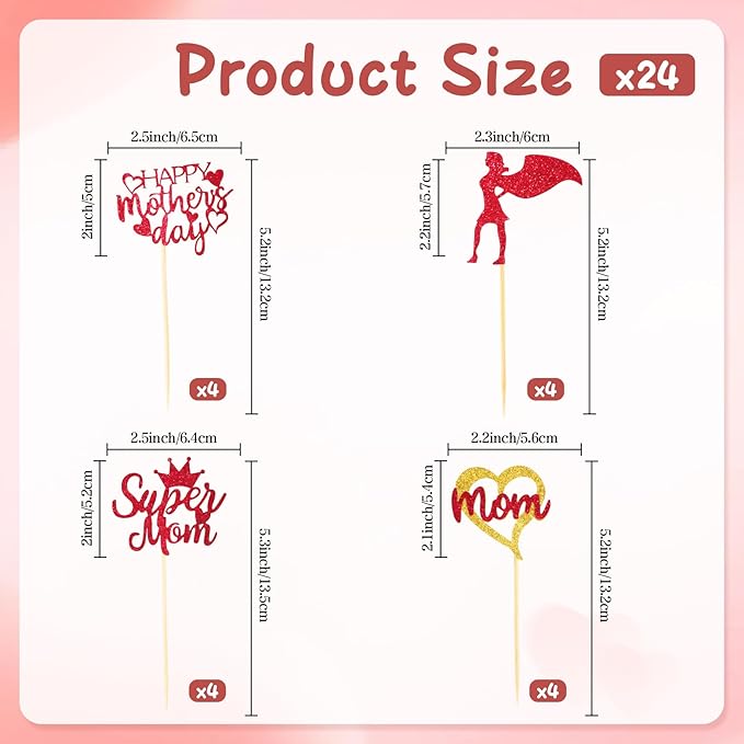 Mothers Day Cupcake Toppers, 24 PCS Mothers Day Party Decorations, Glitter Red Happy Mother's Day Super Mom Cupcake Toppers Cake Decorations Food Picks for Mother's Day Party Decoration Supplies