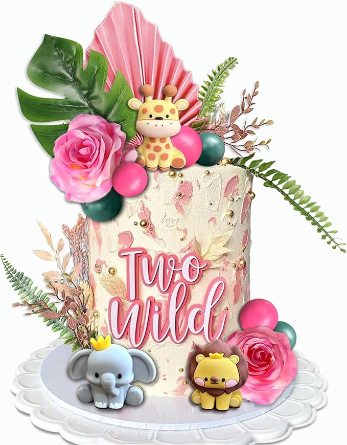22pcs Safari Jungle Animal Cake Toppers Flower Balls Cake Decoration with Boho Palm Leave Forest Animal Toys and Artificial Flowers for Boys Girls Safari Theme Birthday Party Supplies