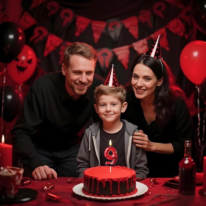Red Number 9 Birthday Candle for Cake – Dark Horror Style with Alphabet Print & Shadow Design – Unique Cake Topper for Birthday, Anniversary, Themed Party Decoration