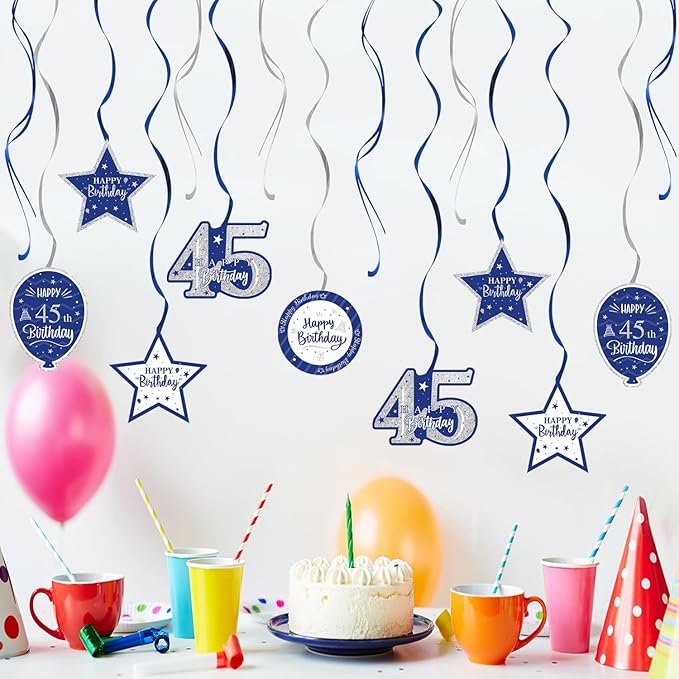 Happy 45th Birthday Blue & Silver Glitter Swirls Streamers Party Decorations - 15 Pcs 45th Birthday Hanging Swirls Streamers Kit,Perfect for 45th Bday Party Sign.