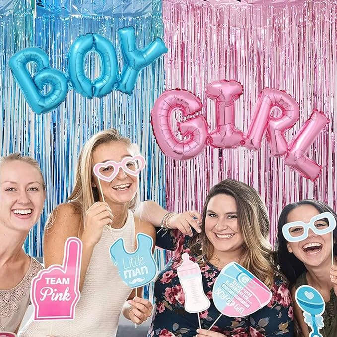 Boy or Girl Foil Balloons, Metallic Tinsel Foil Fringe Curtain Blue Pink Gender Reveal Party Supplies Sparkle Foil Fringe Curtain Balloons Decoration