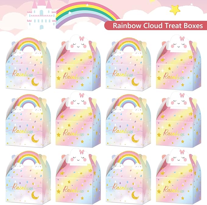 Leinuosen Rainbow Cloud Gift Boxes - Cute Party Favor Boxes, Candy Goodies, Treat Boxes for Girls, Boys & Kids Birthday Party Decor (Rainbow Cloud Style, 12 Pieces)