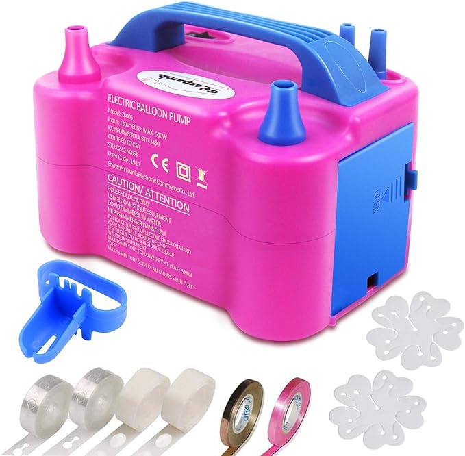 Balloon Pump, Electric Balloon Pump,Portable Dual Nozzles Electric Balloon Air Pump 110V 600W, Electric Balloon Inflator with Tying Tool, Flower Clips, Tape Strips, Dot Glues for Party Decoration