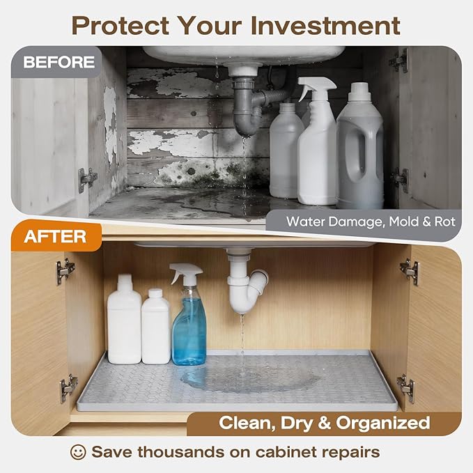 TRZZ Silicone Waterproof Under Sink Mat 34" x 22", Drip Tray and Cabinet Liner for Kitchen and Bathroom, Prevents Water Damage and Organizes Cabinets (Light Blue)