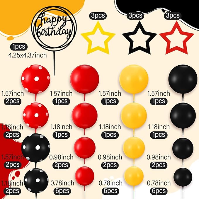 57 Pcs Black Red Yellow Ball Star Cake Topper Set Cartoon Cake Decorations with Flag DIY Insert Topper for One Two Years Happy Birthday Decorations Baby Shower Party Supplies(Happy Birthday)