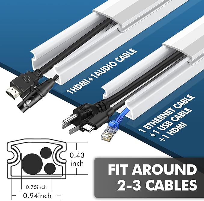 shinfly 189in Cord Hider Kit, Paintable Cable Raceway for Wall Mounted TV, Cord Covers for Wires on Wall, Wire Hider for TV Cables, White, 0.98” W x 0.51” H (15.75in x 12-Pack)