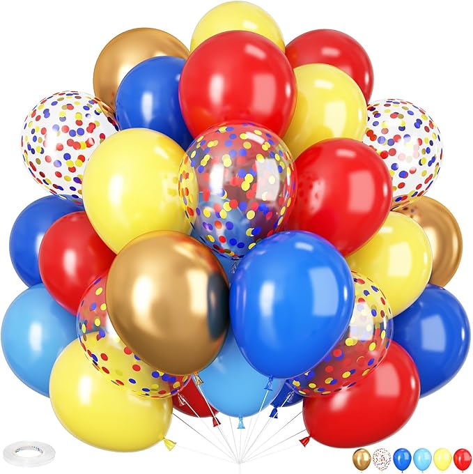 HILAVO Carnival Circus Balloon Kit, 60PCS 12 Inches Red Yellow Blue Balloons Carnival Helium Balloons with Confetti Latex Balloon for Kids Boys Baby Shower Birthday Party Decoration Supplies