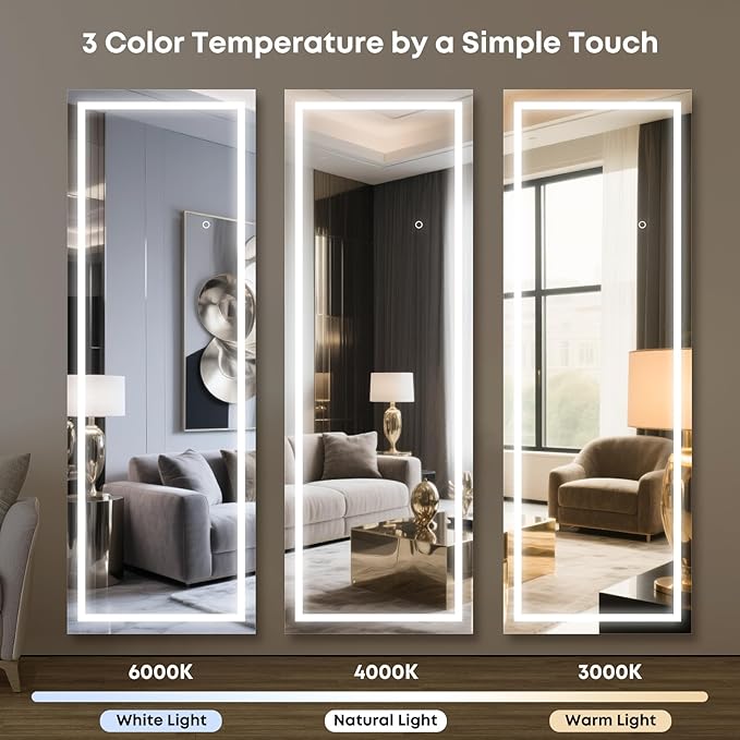Kosmonia 56"x18" Full Length LED Mirror with Lights, Dimmable Standing/Wall Mirror for Bedroom, Full Body Lighted Floor Mirror, Tempered Glass, Easy Setup w/Stand, Wall/Standing