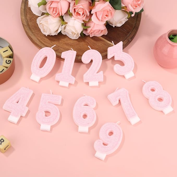 Pink Number Birthday Candles, Romantic Cake Glitter Pink Number Candles Anniversary Cake Topper Decoration Cute Birthday Party Supplies for Wedding Anniversary Celebration Supplies (4)