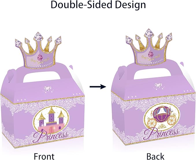 12 Pcs Princess Castle Party Favor Boxes, Little Princess Crown Theme Birthday Party Gift Box, Premium Cardboard Containers with Crown Castle Carriage Prints for Birthday Celebrations