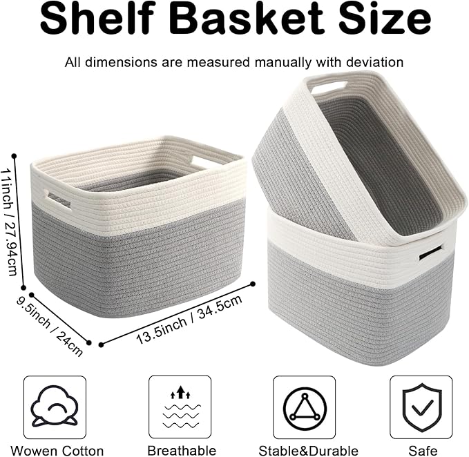 3 Pack Woven Rope Storage Baskets for Organizing,13.5"×11"×9.5"Storage Bins for Shelves,Perfect for Toys,Books,Towels,Clothes,Empty Gift Baskets for Nursery,Living Room&Bedroom(White&Grey)