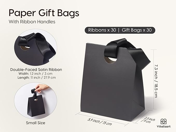 Vitalizart Paper Gift Bags With Ribbon Handles Set of 30 Assorted Colors Bulk Reusable For Gift Wrap Kids Birthday Bridal Shower Party Favors Goodie Bags Candy Christmas 5.91"x3.54"x7.28" Small
