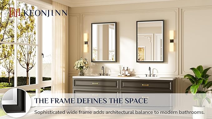 Keonjinn 24" x 36" Black Bathroom Mirror, Brushed Black Framed Mirror for Wall, Beveled Tempered Glass, Decorative Wide Frame, Rustproof, Rectangular Bathroom Vanity Mirrors with Square Corner