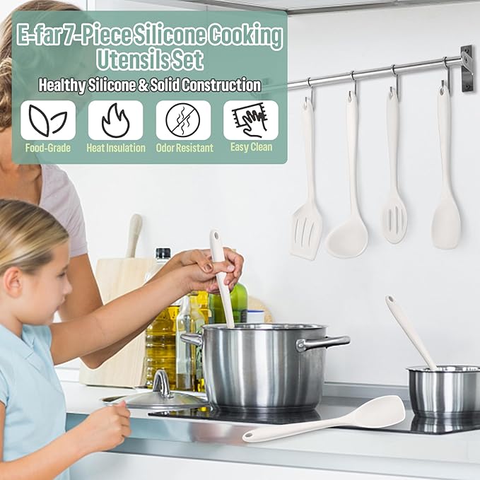 E-far Silicone Cooking Utensils Set, 7-Piece White Heat Resistant Kitchen Utensils Set, Kitchen Nonstick Tools Spatula Ladle Spoon Pasta Server for Non-stick Cookware, Non-Toxic & Dishwasher safe