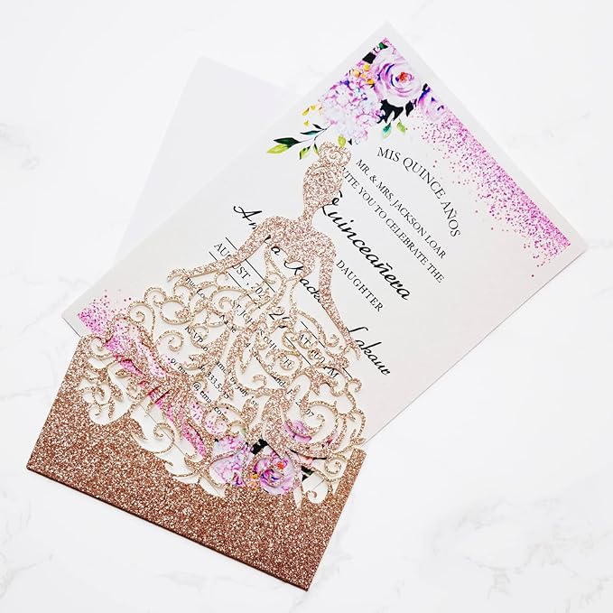 50PCS Wedding Invitations Cards with Envelopes 5 x7.3 Inch Laser Cut Hollow Girl Princess Pocket with Envelopes Crown Invitations Cards for Quinceanera Birthday Sweet 16, Party Invite (Rose Gold Glitter)