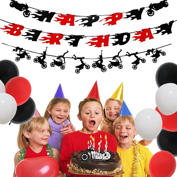 60 Pieces Dirt Bike Party Decoration Supplies - Banner, Cake Cupcake Topper for Motocross Themed Birthday - Man or Boy Riding Room Wall Decoration Motorcycle