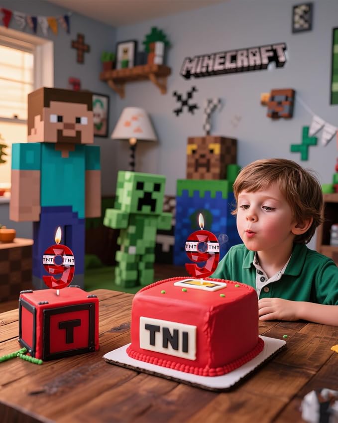 Number 9 Red Pixel Birthday Candle, TNT Themed Birthday Candles for Cake, 2.74 Inch Green Miner Number Candles, Game Themed Candle Birthday Decoration, Red Birthday Cake Topper for Boys Girls Party