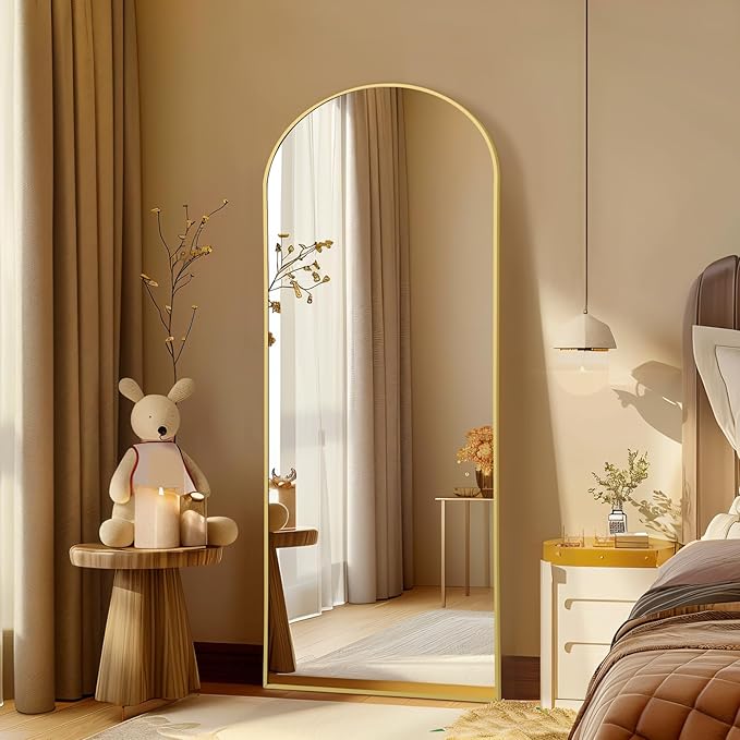 Floor Mirror Full Length, 56"X18" Gold Arch Full Length Body Mirror Wall Mounted with Thin Aluminum Frame, Tempered Glass Long Standing Mirror for Bedroom Living Room Dorm
