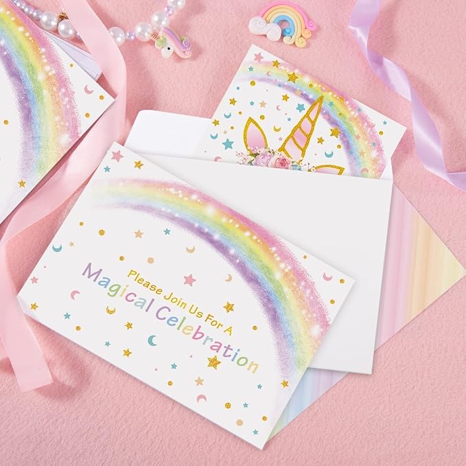 20 Sets Unicorn Party Invitations - Unicorn Party Suppies for Girls Birthday Invitation Cards with Envelopes Fill-in Blank Invite for Kids Summer Baby Shower Decoration