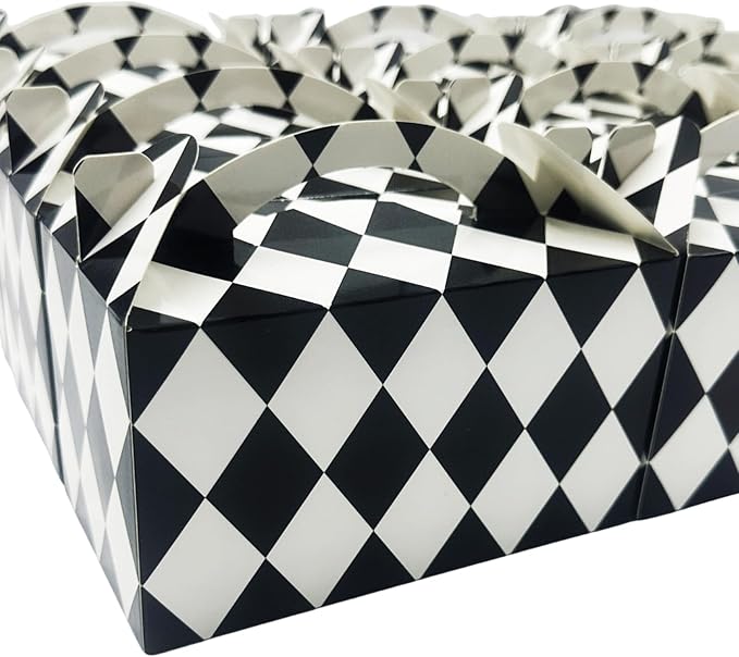 30-Pack Gable Treat Boxes with Handles, 6" Pop-Up Party Favor Gift Boxes for Birthday,Wedding,Baby Shower, Eco-Friendly Candy,Cookie,Goodie Bags for Kids, Bachelorette Decor(Black and White)