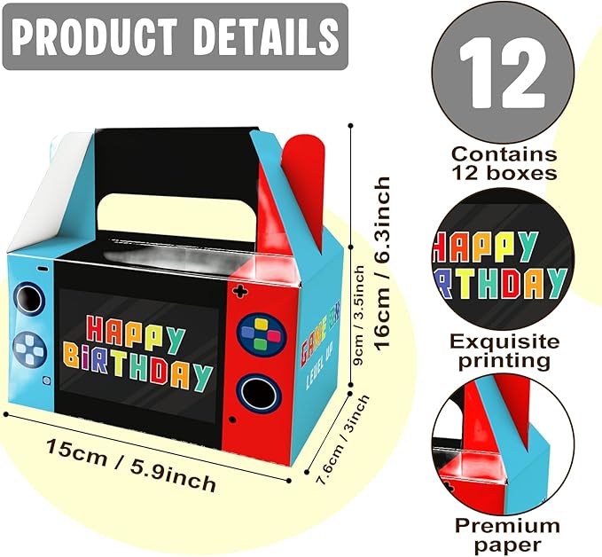 BGFMVS 12 Pack Video Game Party Favor Boxes with Handles, Game Design Candy Gift Boxes with Window for Birthdays, Suitable for Kids & Adults, Snack Containers for Cookies Cupcakes, Party Decorations