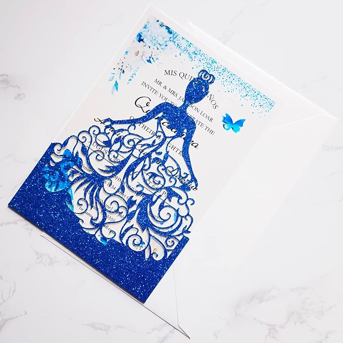 5 x7.3 Inch 20PCS Royal Blue Quinceanera Invitations Cards, Sweet 16 Laser Cut Girl Princess Invitation Card Kit with Envelopes for Wedding, Party, Quinceañera, XV Años, Mis Quince (Royal