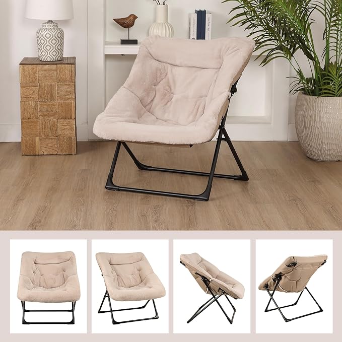 Comfy Saucer Chair for Adults, Set of 2, Soft Faux Fur Bedroom Chair, Accent Dorm Chairs, Flexible Living Room Reading Chairs, Oversized Folding Lounge Seat for Teens, X-Large, Camel