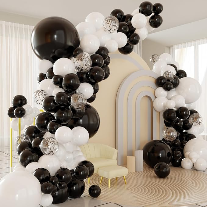 Black White Balloons Arch Kit, 124pcs Black and White Confetti Balloons with 16ft Tape Strip & Dot Glue for Graduation Birthday Baby Shower Wedding Party Decorations