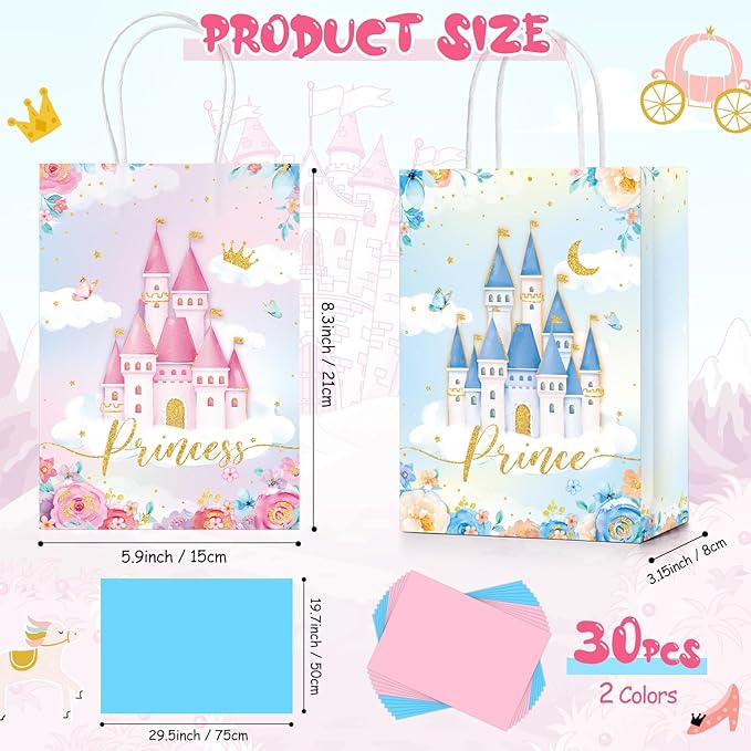 Sherr 30 Pcs Princess Prince Party Favor Bags with Handles Tissue Paper, Blue and Pink Castle Candy Goody Treat Bag Party Supplies for Girls Boys Gender Reveal Baby Shower Birthday Gift