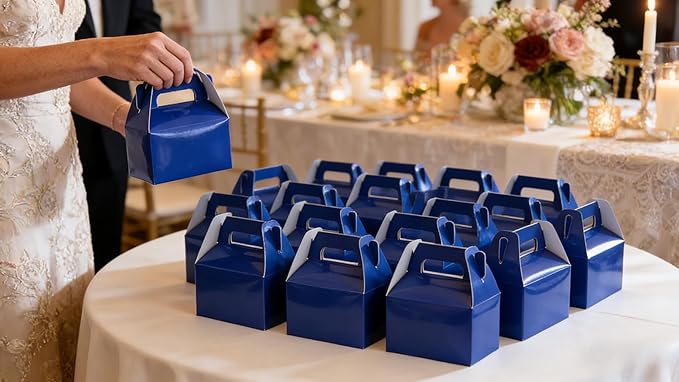 XAGLVV 24 Pack Dark Blue Paper Gable Boxes,6.2 Inch Candy Boxes with Handle, Snack Party Favor& Gift Cookie bags for kids Birthday,Wedding, Baby Shower, Graduation.