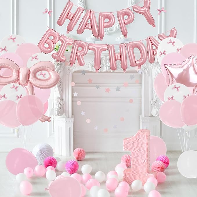 YTHETM Bow Party Decorations Pink Happy Birthday Balloons Banner Pink Birthday Decorations Bow Balloons for Women Girls Birthday Decor Party Supplies