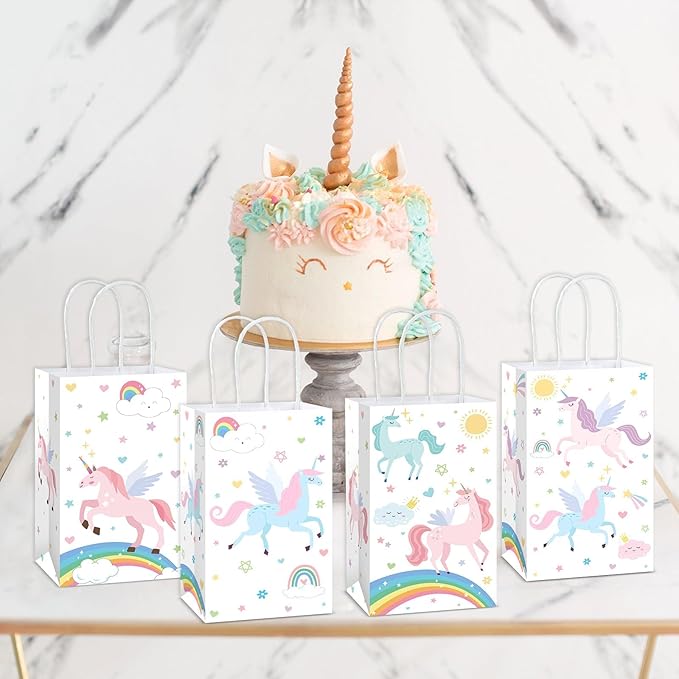 12Pcs Unicorn Party Favor Gift Bags with Handles Pastel Rainbow themed Goodie Bags Candy Bag for Birthday Party Decorations Paper Unicorn Gift Treat Bag for Kids Girl Baby Shower Parties Supplies