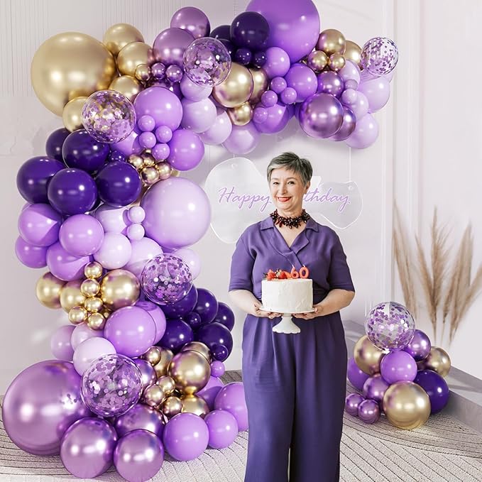 147pcs Purple and Gold Balloon Arch Kit, Party Decorations with Purple Light Purple Dark Purple Metallic Purple Balloons for Birthday Wedding Baby Shower Party Decoration Women