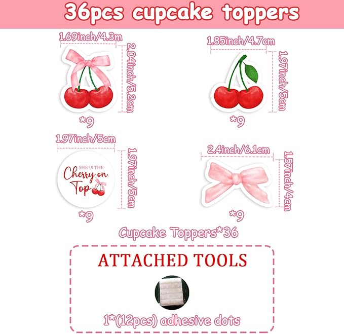 36Pcs She's the Cherry on Top Cupcake Toppers Cherry on Top Baby Shower Cupcake Topper Cherry Bachelorette Cake Decor Summer Cherry Dessert Decor for Girls Women Bachelorette Birthday Baby Shower