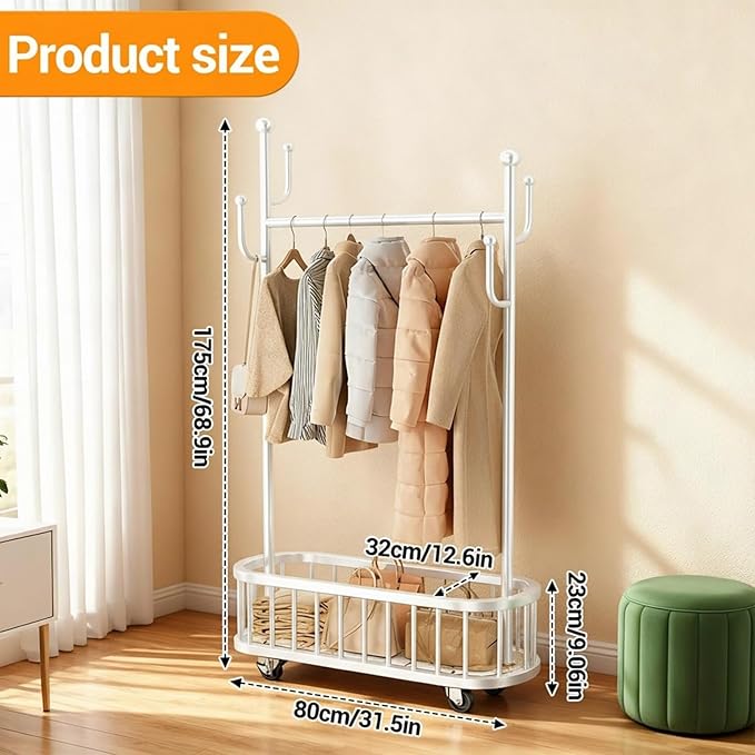 Takywep Rolling Clothing Rack with Wheels and Basket Storage – Metal Moveable Garment Rack, Heavy-Duty Coat Rack for Hanging Clothes, Bedroom, Boutique, Laundry Room