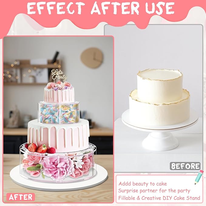 2PCS Acrylic Fillable Cake Stand with Lace Paper Doilies, Clear Round Cylinder Display Riser Display Box, Decorative Centerpiece for Wedding Birthday Party Display(6Inch, 10Inch)