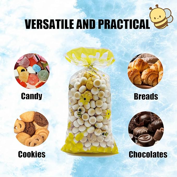 EatnMgan 200Pcs Bee Cellophane Treat Bags,Cellophane Bags,Party Favors Bags Cellophane Treat,Goodie Candy with 220Pcs Twist Ties for Kid Birthday Baby Shower Party Supplies