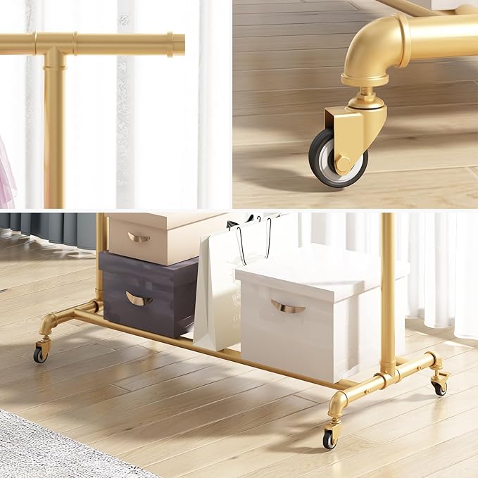 Industrial Pipe Clothing Rack, Heavy Duty Metal Clothes Rack With Wheels, Rolling Garment Rack with Bottom Shelf for Home Boutique Use (Gold)