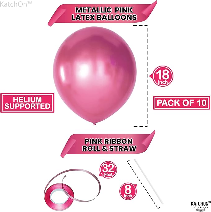 KatchOn, Huge Metallic Hot Pink Balloons - 18 Inch, Pack of 10 | Pink Metallic Balloons for Birthday Decorations | Latex Balloon | Gender Reveal Decorations