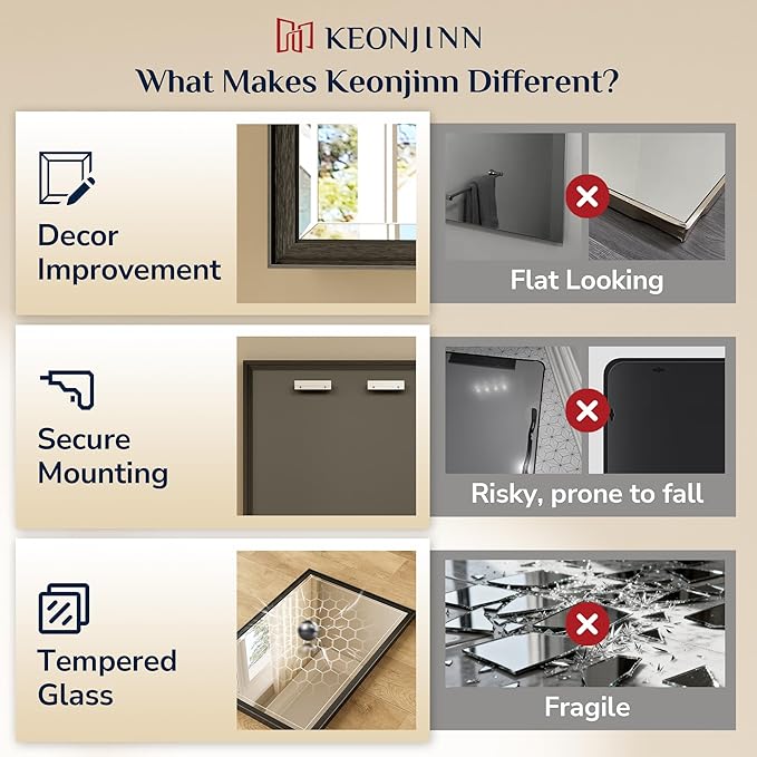 Keonjinn 42" x 36" Black Bathroom Vanity Mirror, Brushed Black Metal Framed Mirrors for Wall, Tempered Glass Beveled Edge, Shatterproof, Rectangular Modern Farmhouse Mirror for Dining Room, Hallway